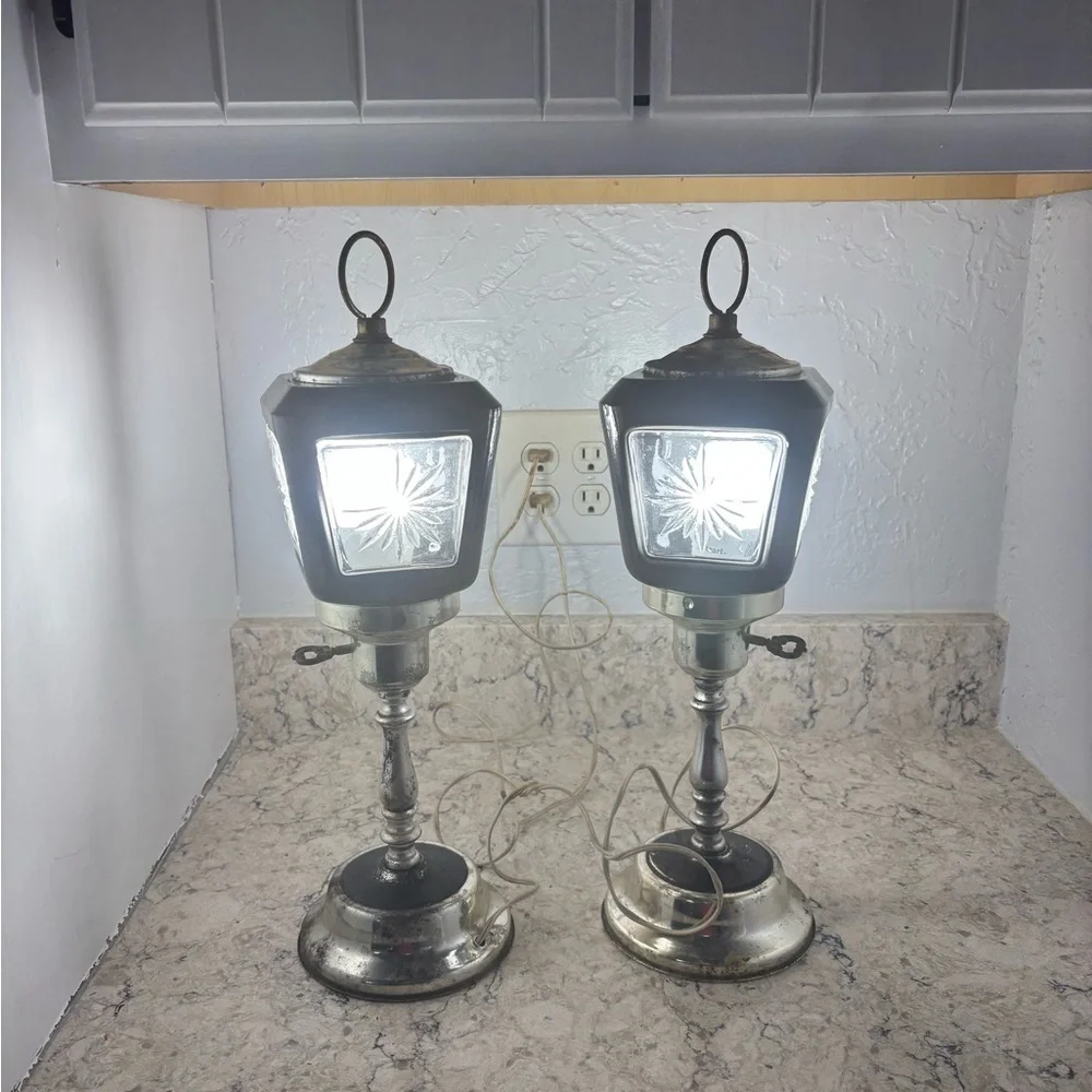 Art Deco MCM Vintage Black and Silver Street Light Lanterns Lamps Retro